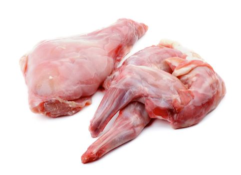 Arrangement of Two Legs and Breast of Raw Rabbit Meat isolated on white background