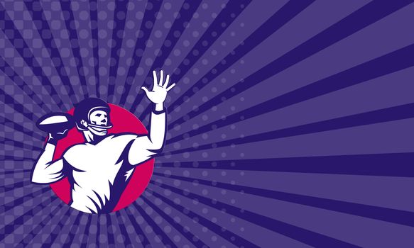 Business card showing illustration of an american quarterback football player shouting  passing ball set inside circle done in retro style.
