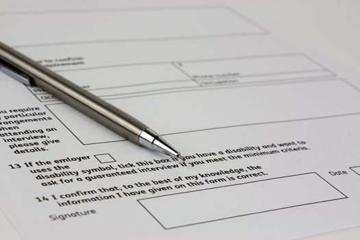 Close up of an application form to be completed