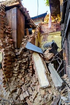 KATHMANDU, NEPAL - MAY 22, 2015: Swayambhunath, a UNESCO World Heritage Site, was severely damaged after two major earthquakes hit Nepal on April 25 and May 12, 2015.