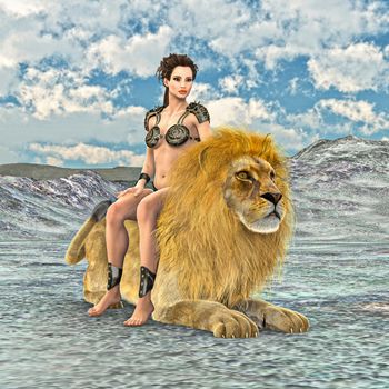 3D digital render of a beautiful young woman and a lion on a desert landscape background