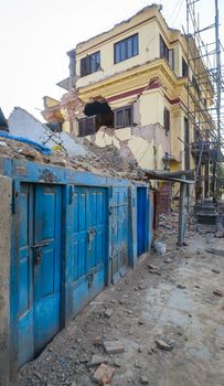 KATHMANDU, NEPAL - MAY 22, 2015: Swayambhunath, a UNESCO World Heritage Site, was severely damaged after two major earthquakes hit Nepal on April 25 and May 12, 2015.