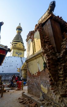 KATHMANDU, NEPAL - MAY 22, 2015: Swayambhunath, a UNESCO World Heritage Site, was severely damaged after two major earthquakes hit Nepal on April 25 and May 12, 2015.