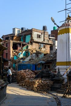 KATHMANDU, NEPAL - MAY 22, 2015: Swayambhunath, a UNESCO World Heritage Site, was severely damaged after two major earthquakes hit Nepal on April 25 and May 12, 2015.