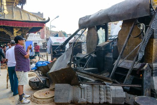 KATHMANDU, NEPAL - MAY 22, 2015: Swayambhunath, a UNESCO World Heritage Site, was severely damaged after two major earthquakes hit Nepal on April 25 and May 12, 2015.