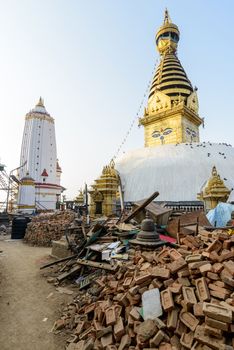 KATHMANDU, NEPAL - MAY 22, 2015: Swayambhunath, a UNESCO World Heritage Site, was severely damaged after two major earthquakes hit Nepal on April 25 and May 12, 2015.