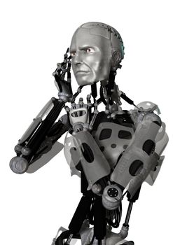 3D digital render of a male cyborg thinking isolated on white background