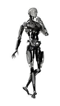 3D digital render of a male cyborg thinking isolated on white background