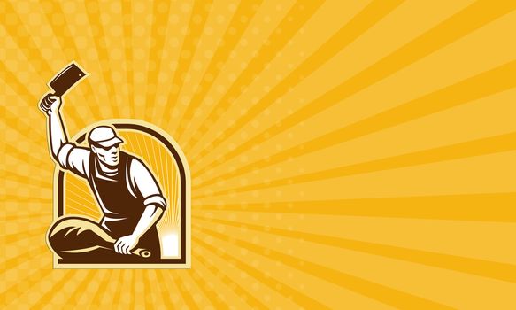 Business card showing illustration of butcher with meat cleaver cutting leg of ham done in retro style.