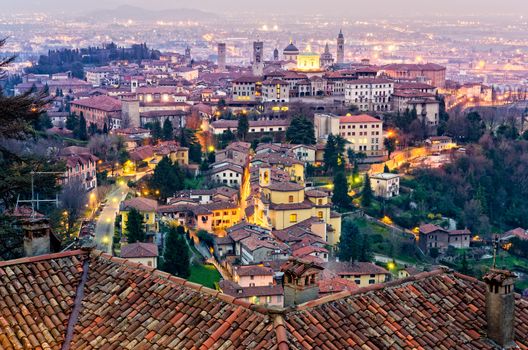 Scenic view of Bergamo old town cityscape at sunset, Italy, Europe