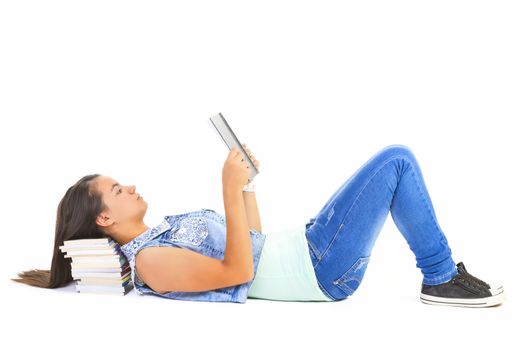 teenager girl reading book isolated over white background