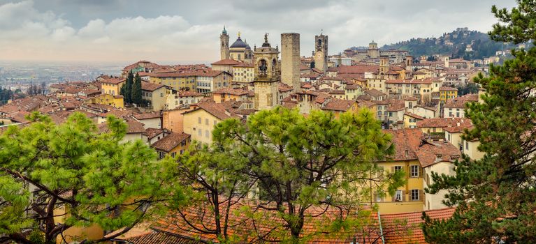 Panoramic cityscape view of Bergamo old town, Italy, Europe