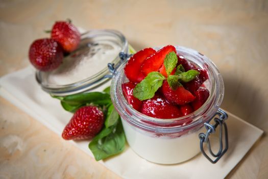 Strawberry tiramisu with mascarpone in glass. Close up