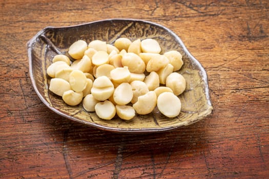 macadamia nuts on a ceramic leafs shaped bowl against rustic wood