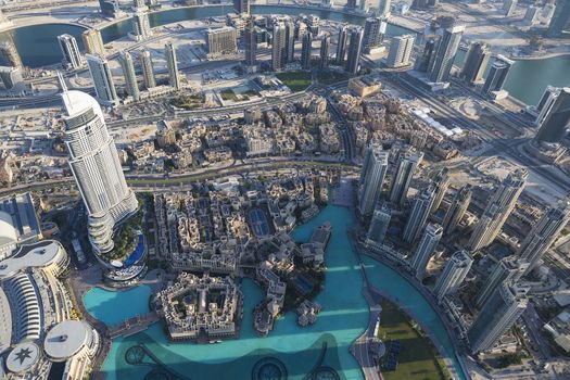 Aerial view of Dubai city from the top of a tower.