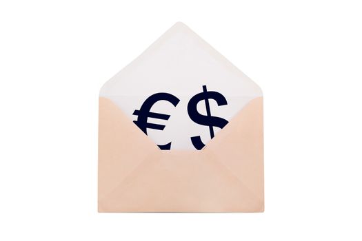 Front view of close up open envelope with euro sign and dollar sign inside, isolated on white background.