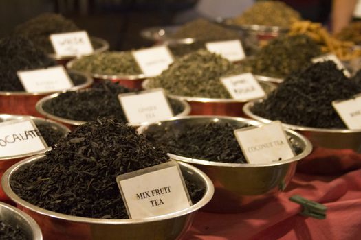 Different tea flavors found in flea market, Goa, India.