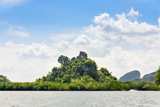 Khao Ma Chu island is scenic natural during a trip at the sea by a boat in Phang Nga Bay or Ao Phang Nga National Park, Thailand