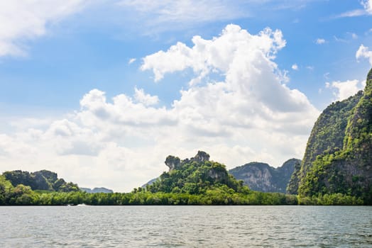 Khao Ma Chu island is scenic natural during a trip at the sea by a boat in Phang Nga Bay or Ao Phang Nga National Park, Thailand