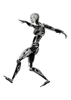 3D digital render of a male cyborg running isolated on white background