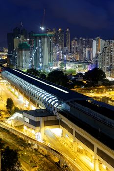 Long Ping, hong kong urban downtown and high speed train at night