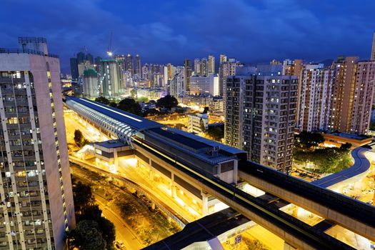 Long Ping, hong kong urban downtown and high speed train at night