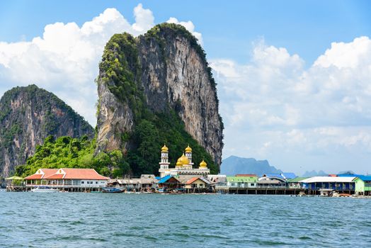 Beautiful landscape sea and blue sky in summer at Punyi Island or Koh Panyee is fisherman village cultural attractions travel by boat in Phang Nga Bay or Ao Phang Nga National Park, Thailand