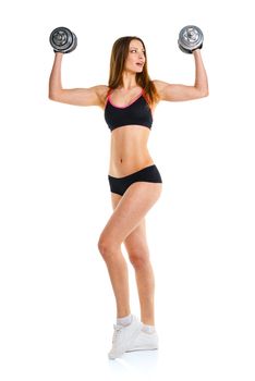 Happy athletic woman with dumbbells doing sport exercise, isolated on white background