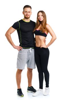 Athletic man and woman after fitness exercise on the white background
