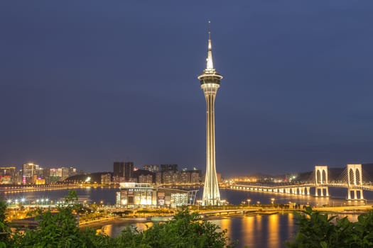 Macau Tower and Ponte de Sai Van bridge, This photo was shot in the evening after sunset.