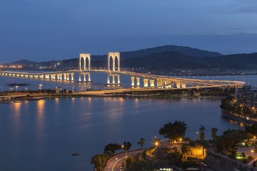 Macau Tower and Ponte de Sai Van bridge, This photo was shot in the evening after sunset.