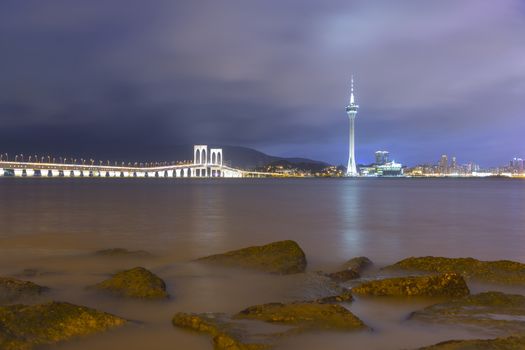Macau Tower and Ponte de Sai Van bridge, This photo was shot in the evening after sunset.