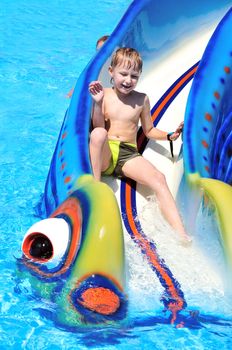 little laughing boy sliding down water slide