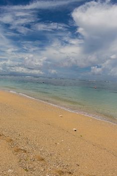 Beautiful tropical beach with lush vegetation fringing golden sand and a tranquil ocean with gentle surf breaking on the beach