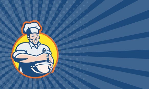 Business card showing illustration of a cook chef baker with mixing bowl facing front set inside circle done in retro style.