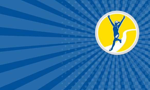 Business card showing illustration of marathon triathlete runner running arms raised winning finishing race set inside circle on isolated background done in retro style.
