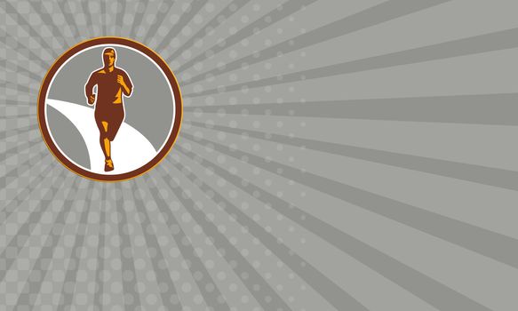 Business card showing illustration of marathon triathlete runner running facing front view set inside circle on isolated done in retro style.