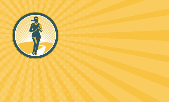 Business card showing illustration of marathon triathlete runner running winning finishing race viewed from front set inside circle on isolated background done in retro style.