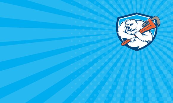 Business card showing Cartoon style illustration of a polar bear plumber holding monkey wrench on shoulder set inside shield crest  on isolated background.