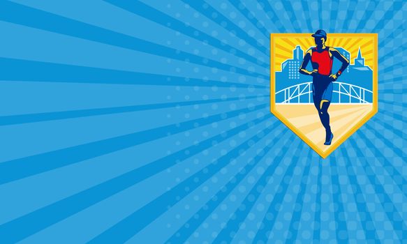 Business card showing illustration of marathon triathlete runner running with urban buildings and bridge in background set inside shield done in retro style.
