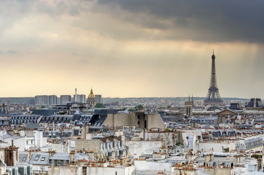 Paris Skyline and Eiffel Tower at sunset, Paris, France