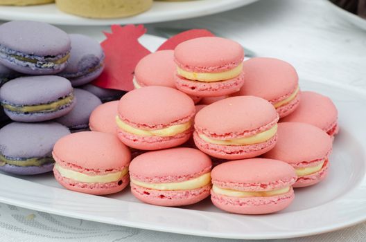 Blue and pink macarons on the white plate