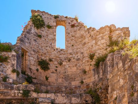 Wall of the ruins of Byzantine church near St. Anne Church and pool of Bethesda in Jerusalem