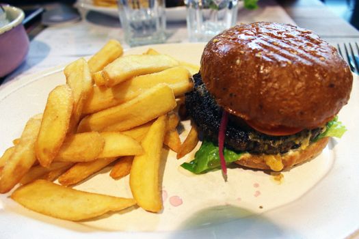 Delicious hamburger with french fries. Restaurant Frankfurt Airport in Germany