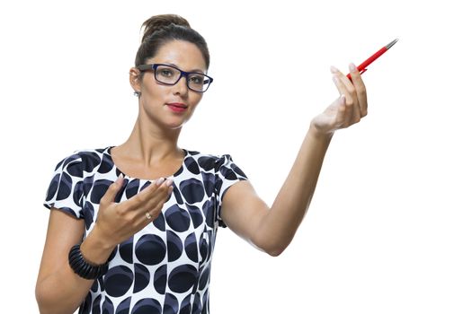 Portrait of Serious Woman with Eyeglasses, Wearing a Printed Dress, Holding a Red Ballpoint Pen. Captured in Studio with White Background.