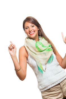 Close up Cheerful Pretty Young Woman in White Sleeveless Shirt with Scarf, Smiling at the Camera While Holding her Waist, Isolated on White Background.