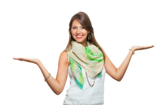 Close up Cheerful Pretty Young Woman in White Sleeveless Shirt with Scarf, Smiling at the Camera While Holding her Waist, Isolated on White Background.