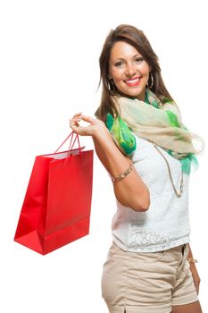 Close up Smiling Fashionable Woman Looking Inside a Red Shopping Paper Bag. Isolated on White Background.