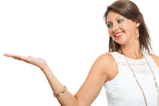 Close up Cheerful Pretty Young Woman in White Sleeveless Shirt with Scarf, Smiling at the Camera While Holding her Waist, Isolated on White Background.