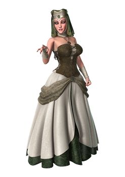 3D digital render of a beautiful witch wearing a medieval dress isolated on white background